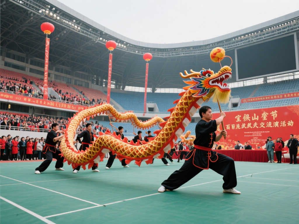 宝山体育中心百人游龙拳展演 为市民节日增添欢乐 宝山体育中心百人游龙拳展演 为市民节日增添欢乐